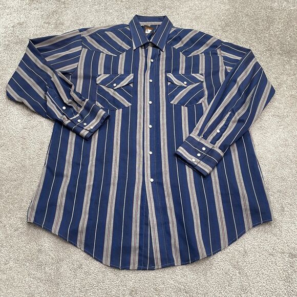 Karman Vintage Western Pearl Snap Button Down Shirt Mens XL Blue Gray Striped - Picture 1 of 15